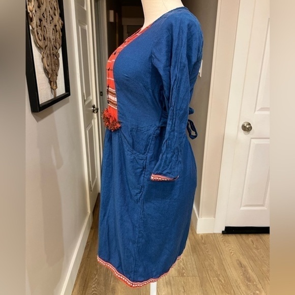 Melange Colour Me 100% Cotton Blue Long Sleeve Dress with Red Bib - Picture 15 of 15